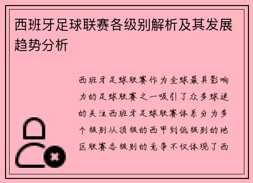 西班牙足球联赛各级别解析及其发展趋势分析