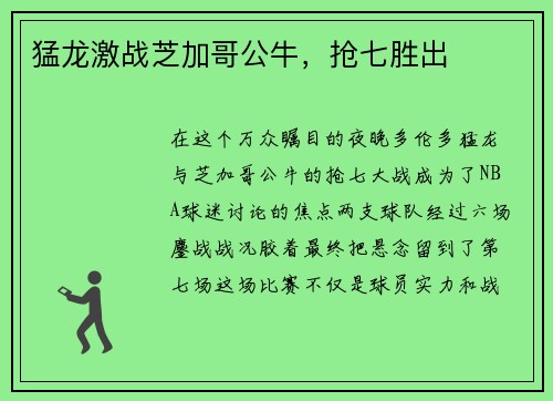 猛龙激战芝加哥公牛，抢七胜出