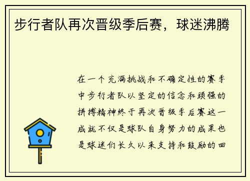 步行者队再次晋级季后赛，球迷沸腾